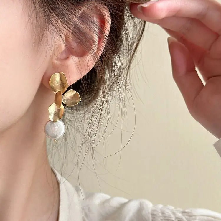 Silver Drop Earrings Hoop Pearl Leaf Vintage Irregular For Women Girl Gift Fashion Jewelry