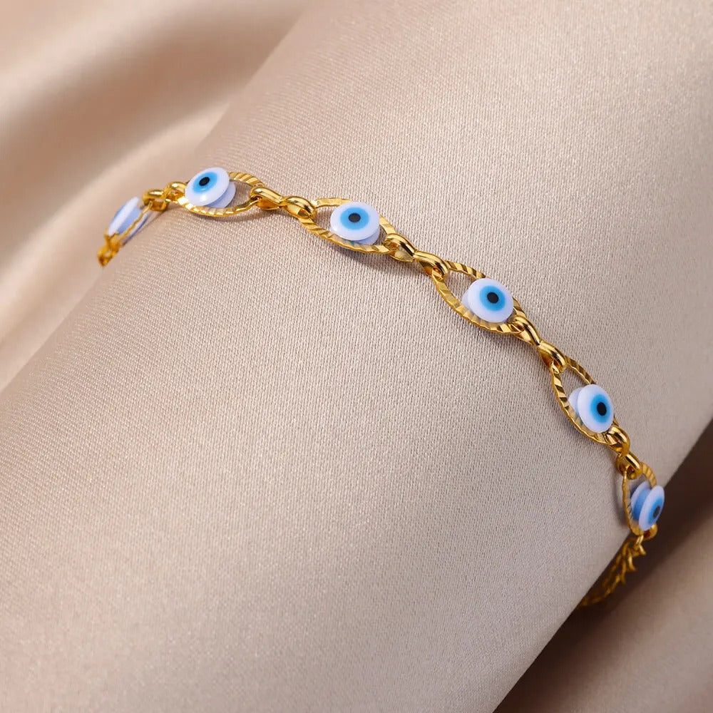 Rainbow Evil Eye Bracelets For Women Stainless Steel Gold Color Turkish Demon Chain Charm Bracelet Summer Beach Jewelry