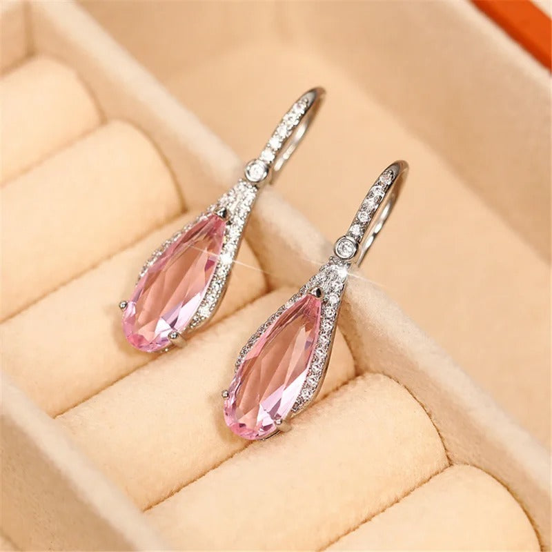 Luxury Silver Pink Zircon Dangle Earrings for Women