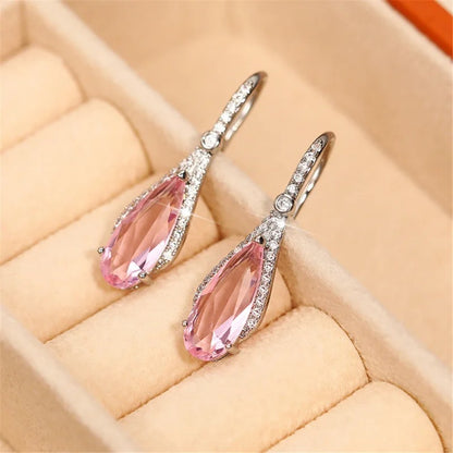 Luxury Silver Pink Zircon Dangle Earrings for Women