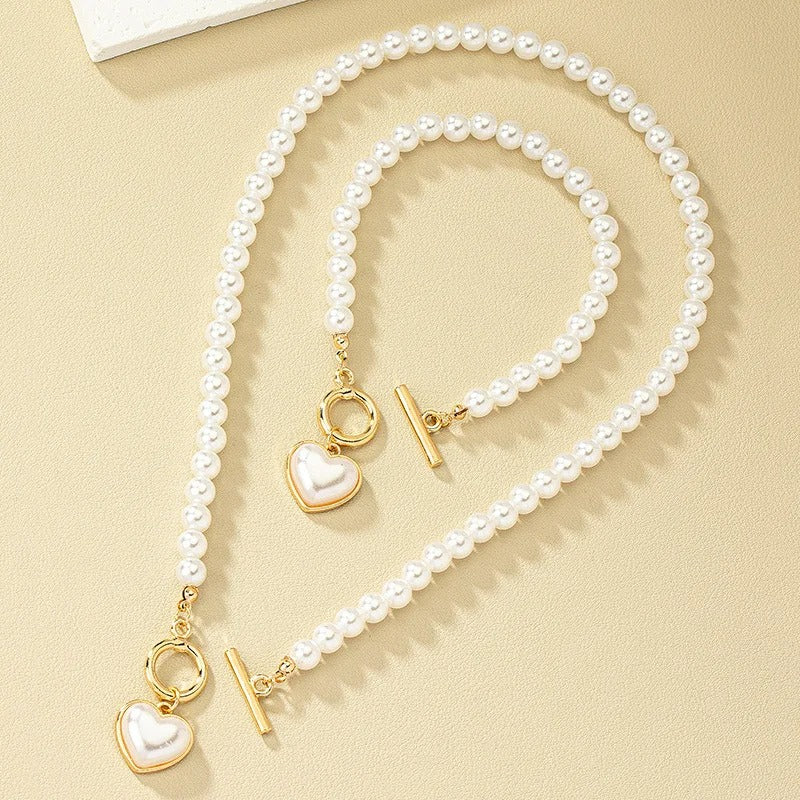 2Pcs Pearl Jewelry Set for Women Imitation Pearl Necklace Bracelet with Heart Pendant for Daily Wear