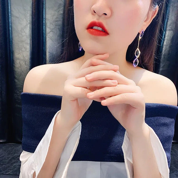 Long Tassel Leaf Drop Earrings for Women Purple Crystal Dangle Jewelry Gift