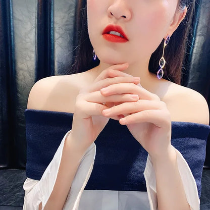 Long Tassel Leaf Drop Earrings for Women Purple Crystal Dangle Jewelry Gift