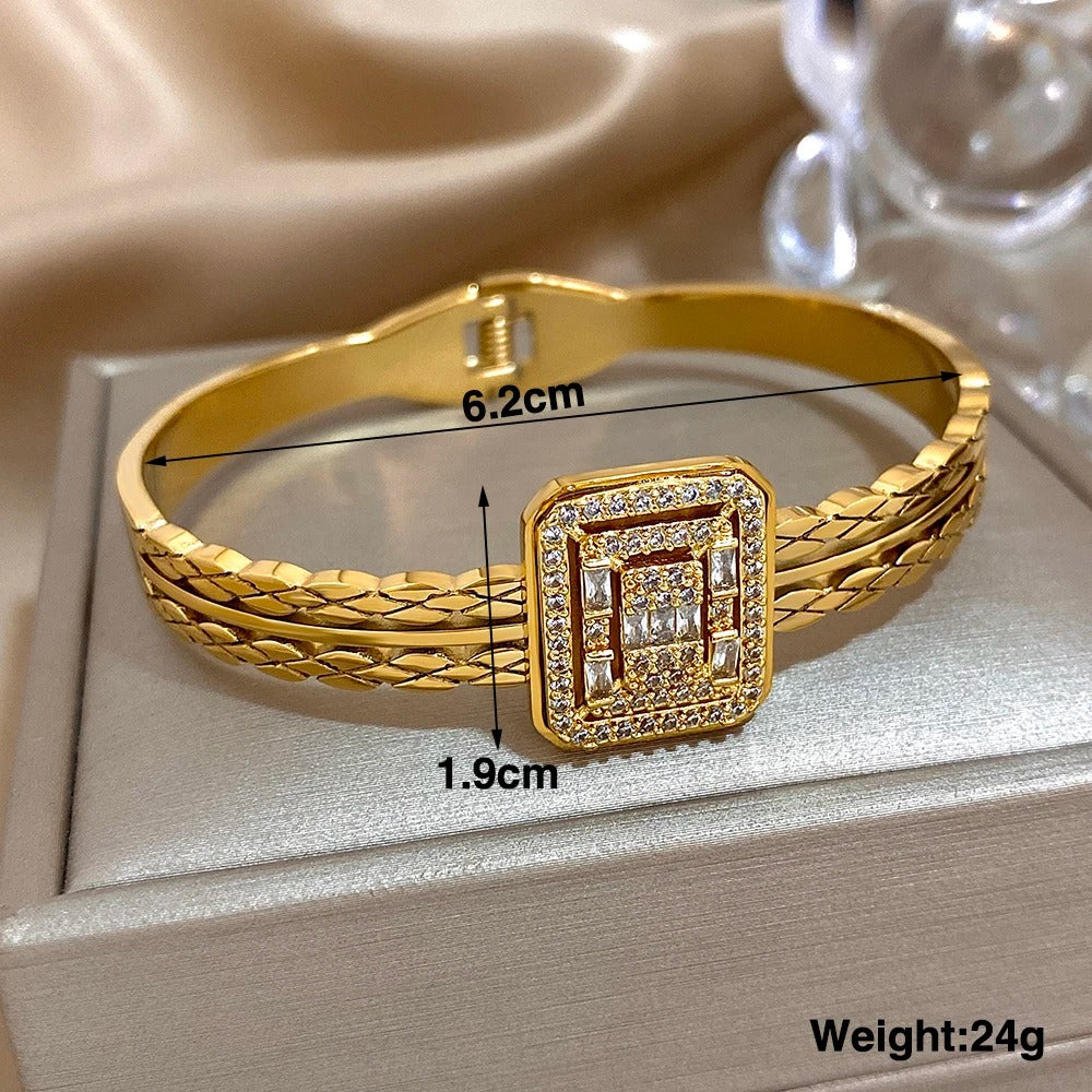 Gold-Plated Chunky Stainless Steel Cuff Rhinestone Multilayer Bracelet