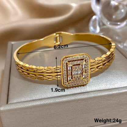 Gold-Plated Chunky Stainless Steel Cuff Rhinestone Multilayer Bracelet