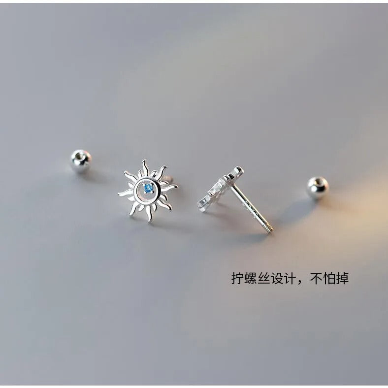 925 Sterling Silver Blue Zircon Sun Stud Earrings Women