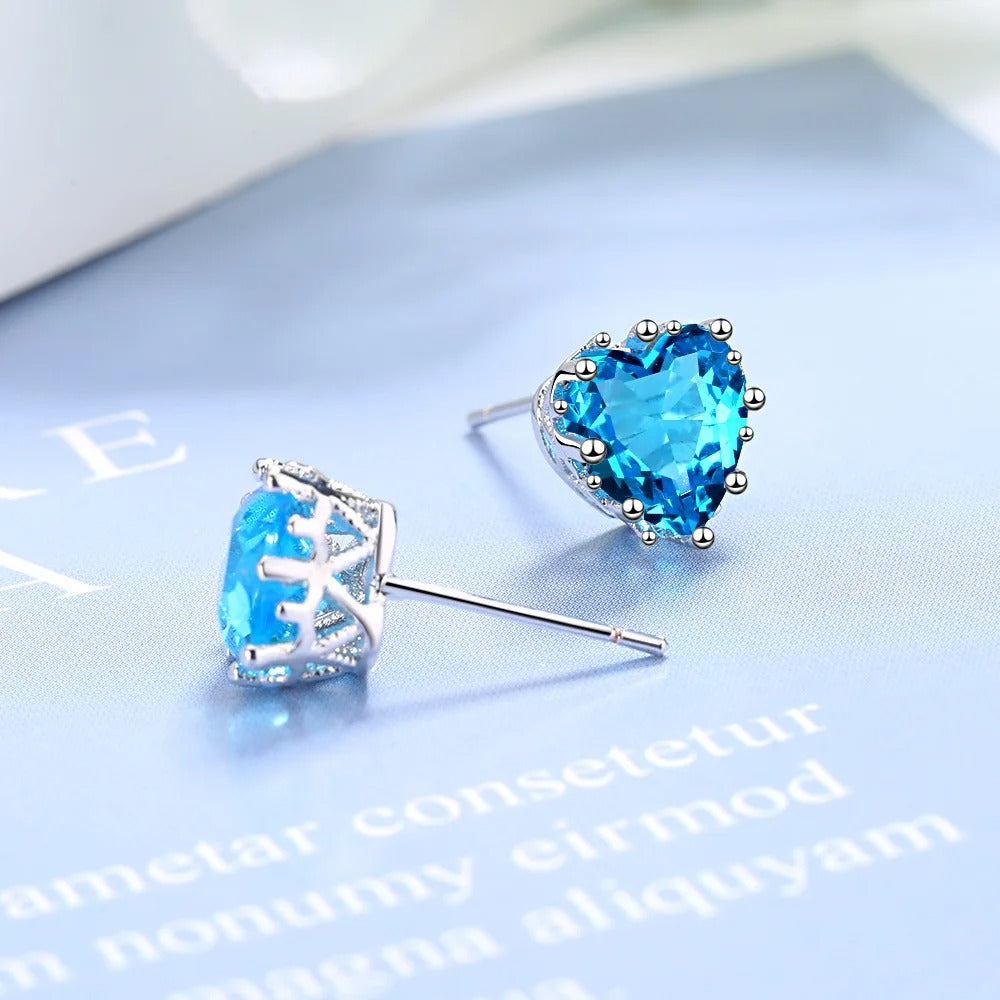 925 Sterling Silver Heart Blue Zircon Stud Earrings For Women Luxury Designer Jewelry Gift Female GaaBou Jewellery
