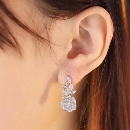 Romantic Flower Dangle Earrings Women Silver Luxury Wedding Jewelry
