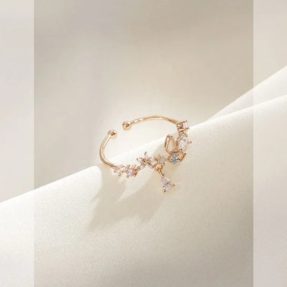 Adjustable Zircon Flower Bow Ring for Women Princess Jewelry Gift