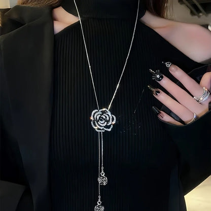 Fashion Black Rose Flower Long Necklace Sweater Chain Metal Crystal Pendant Necklaces Adjusted