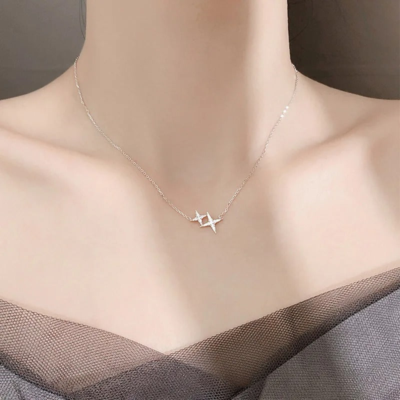 Brand New 925 Sterling Silver Star Necklace One Large Small Two Stars Pendant Clavicle Chain Gift Ladies Fashion Jewelry