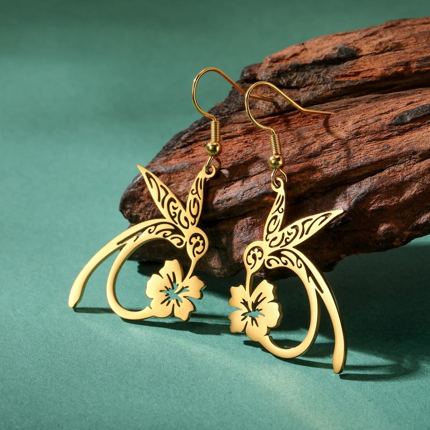 Women’s Hummingbird Flower Pendant Earrings Gold Animal Jewelry Gift