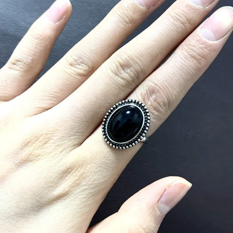Dark Black Ring Exaggerated Round Agate Stone Anniversary Birthday Gift For Female Luxurious Jewelry For Evening Party