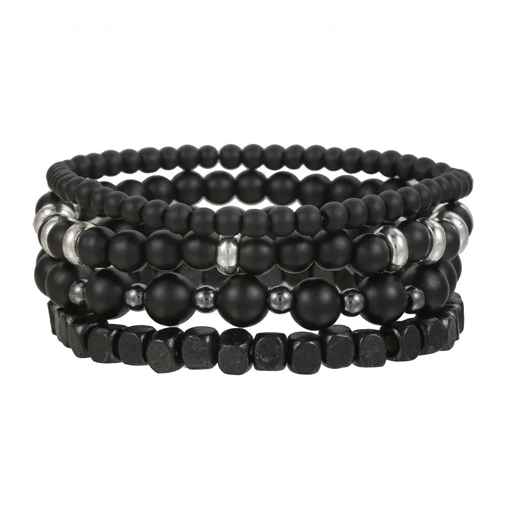 4pcs Black Lava Stone & Wood Beads Bracelet Set for Men & Couples