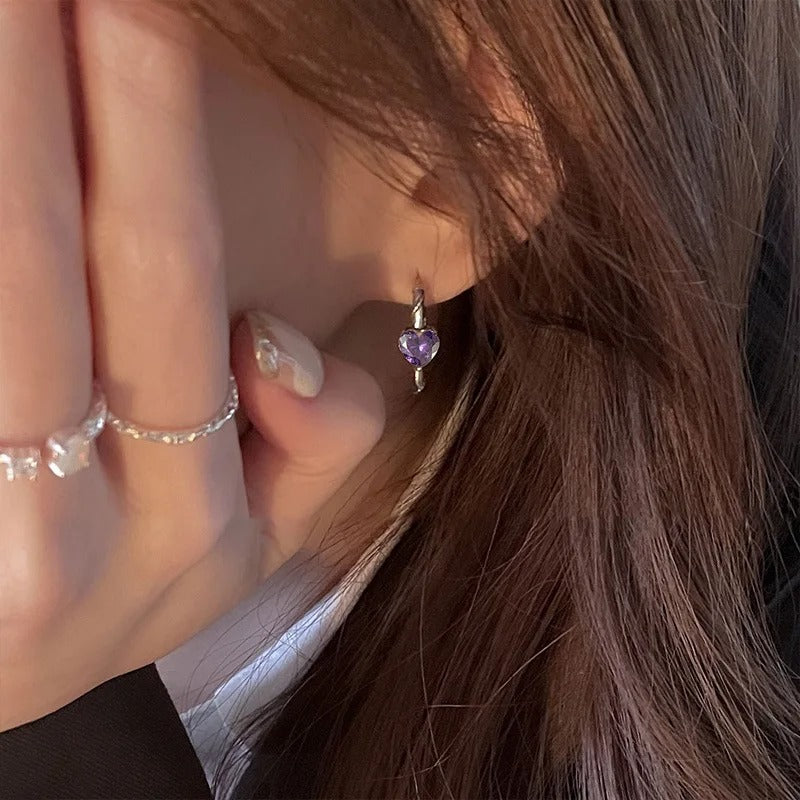 925 Sterling Silver Heart Hoop Earrings with Purple Zircon Women