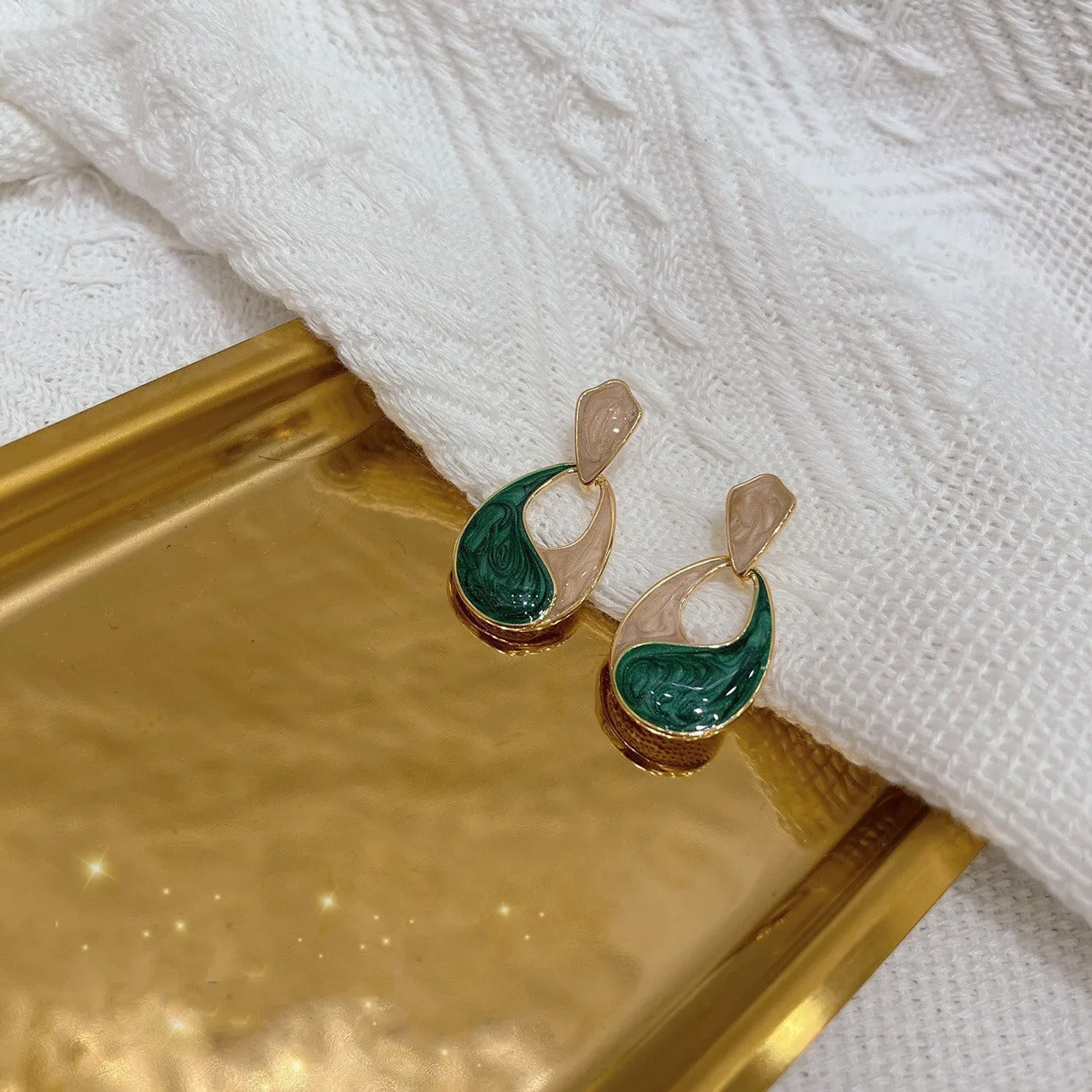 Trendy Patchwork Water Drop Earrings Green Enamel Hollow Jewelry