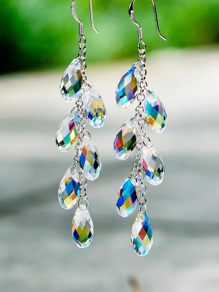 Luxury Silver Color Metal Inlaid Water Droplet Stone Hook Earrings 2025 Fashion Long Geometry Tassels Dangle Earrings for Women