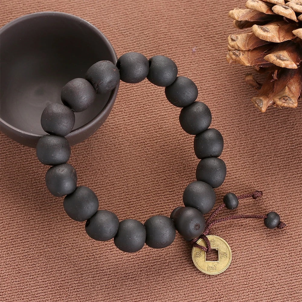 Wood Bead Buddha Bracelet Buddhist Prayer Copper Coin Jewelry