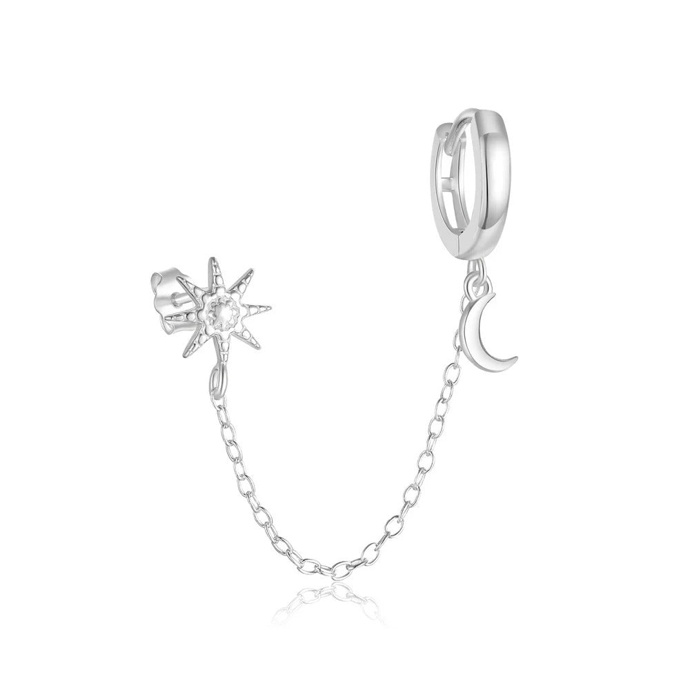 925 Sterling Silver Star and Moon Chain Earrings for Women