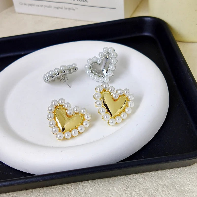 Women’s Heart Pearl Stud Earrings Korean Sweet Piercing Jewelry