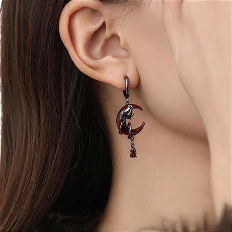 Gothic Style Asymmetry Red Moon Rose Earrings For Women Style Personality Crystal Drop Pendant Earrings Jewelry