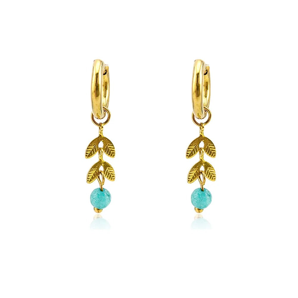 Summer Leaf Hoop Earrings Stainless Steel with Stone