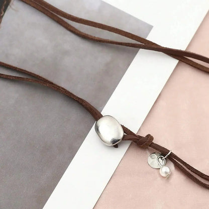 1Pc Retro Round Brand Simple Bohemian Style Leather Rope Metal Imitation Pearl Brown Silver Color Necklace Woman Party Daily