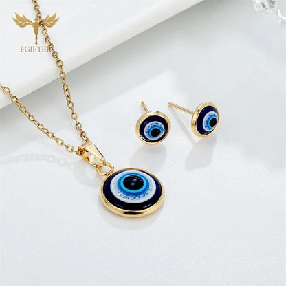 Turkey Evil Eye Jewelry Set Blue Resin Necklace & Stud Earrings