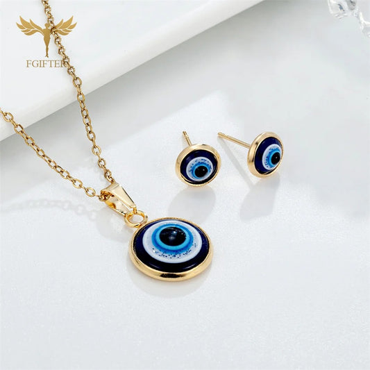 Turkey Evil Eye Jewelry Set Blue Resin Necklace & Stud Earrings