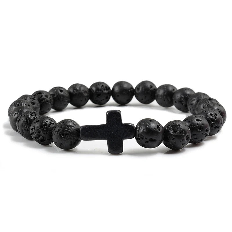 Charm Natural Stone Cross Bracelet Handmade Black Lava Beads