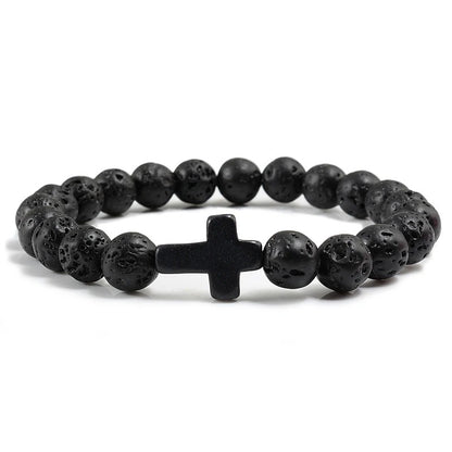 Charm Natural Stone Cross Bracelet Handmade Black Lava Beads