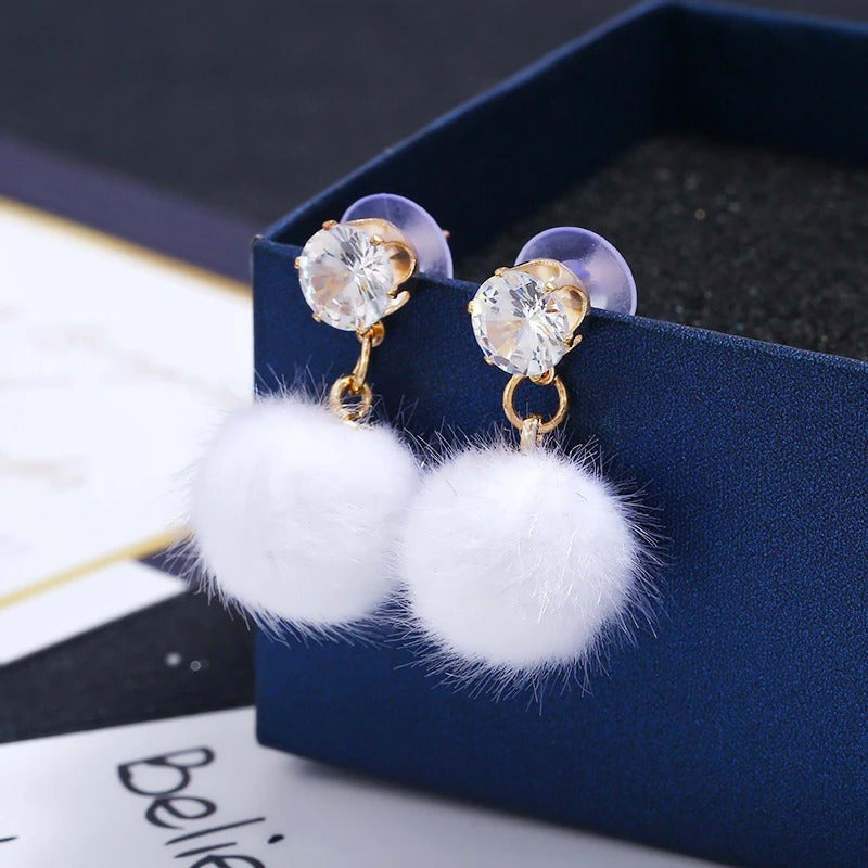 Korean Sweet Hair Ball Dangle Earrings Pink Red Women