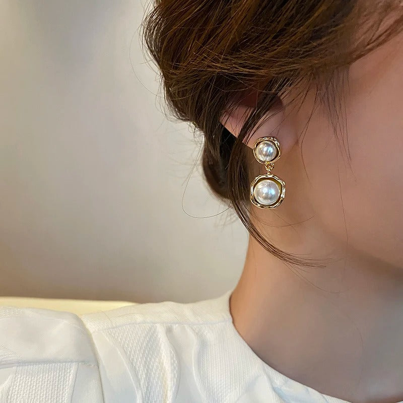 Retro Pearl Geometric Pendant Earrings for Women Korean Fashion Jewelry