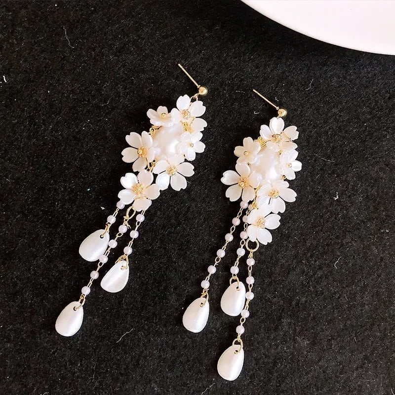 Pearl Tassel Flower Drop Earrings Women’s Romantic French Jewelry