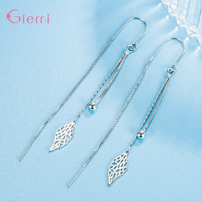925 Silver Hollow Leaf Tassel Long Chain Earrings for Women