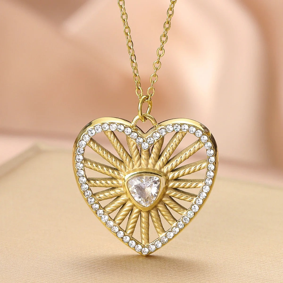 Stainless Steel Zircon Hollow Heart Charm Necklace Waterproof 14K Gold Plated Love Pendant Choker Jewelry Women Party Daily Wear