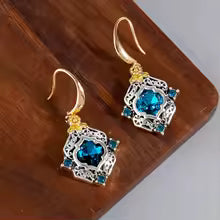 Elegant Blue Rhombus Gemstone Dangle Earrings for Women