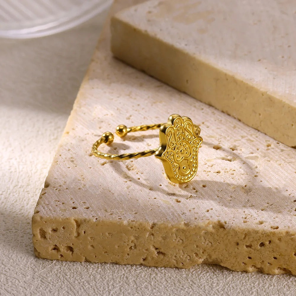 Gold Hamsa Hand Stainless Steel resizable Ring inspired Palm Jewelry for Women