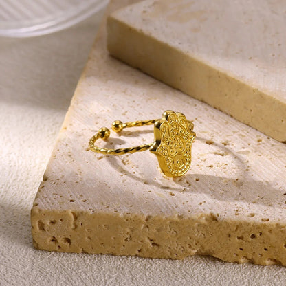 Gold Hamsa Hand Stainless Steel resizable Ring inspired Palm Jewelry for Women