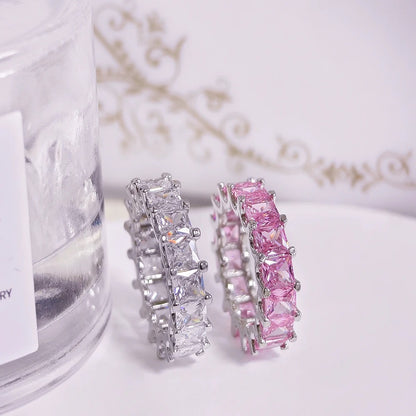 Luxury Pink Silver Color Aesthetic Wedding Band Eternity Ring for Women Gift Finger Lots Jewelry R4816
