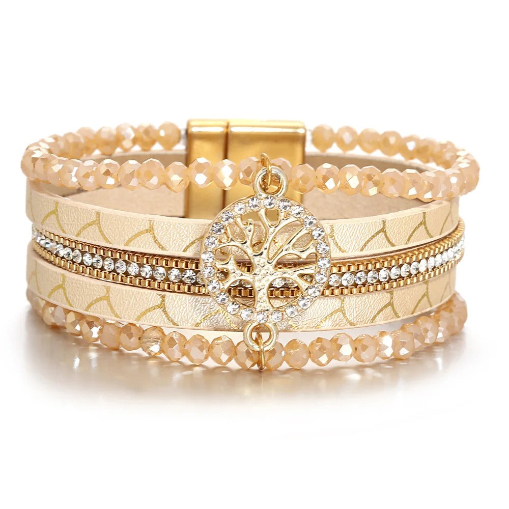 Vintage Tree of Life Leather Bracelet for Women Multilayer Crystal Beads Chain Wrap Bracelets & Bangles Party Jewelry