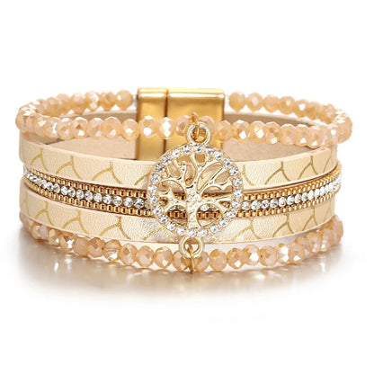 Vintage Tree of Life Leather Bracelet for Women Multilayer Crystal Beads Chain Wrap Bracelets & Bangles Party Jewelry