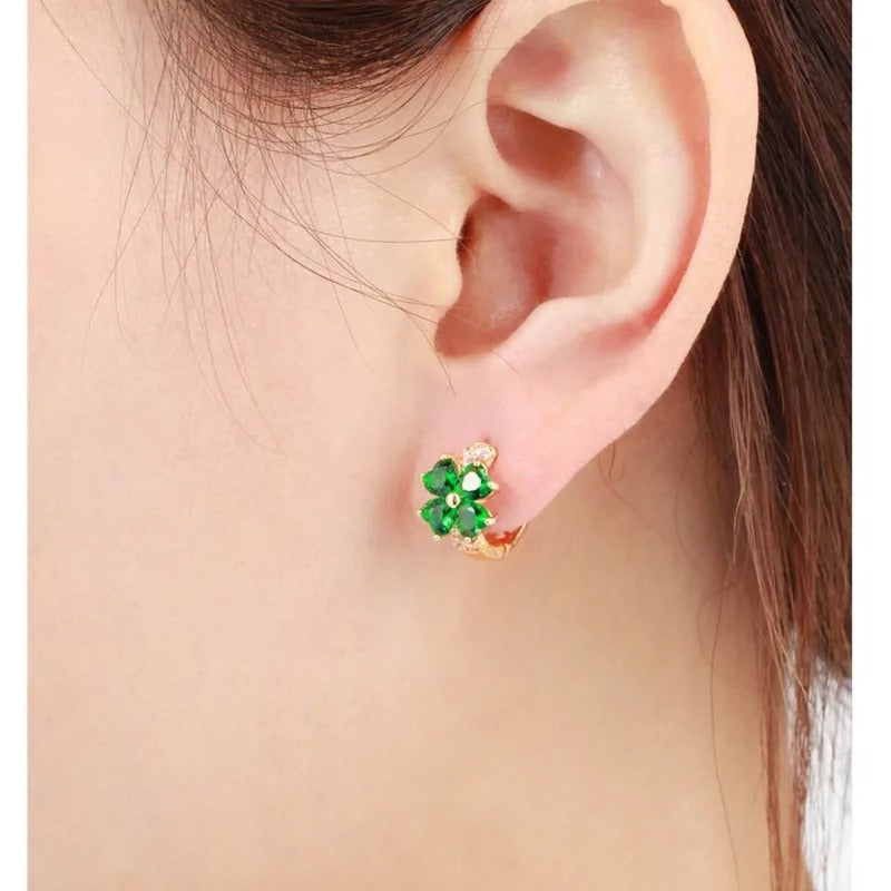 Four Leaf Clover & Heart CZ Huggie Hoop Earrings for Women Gold