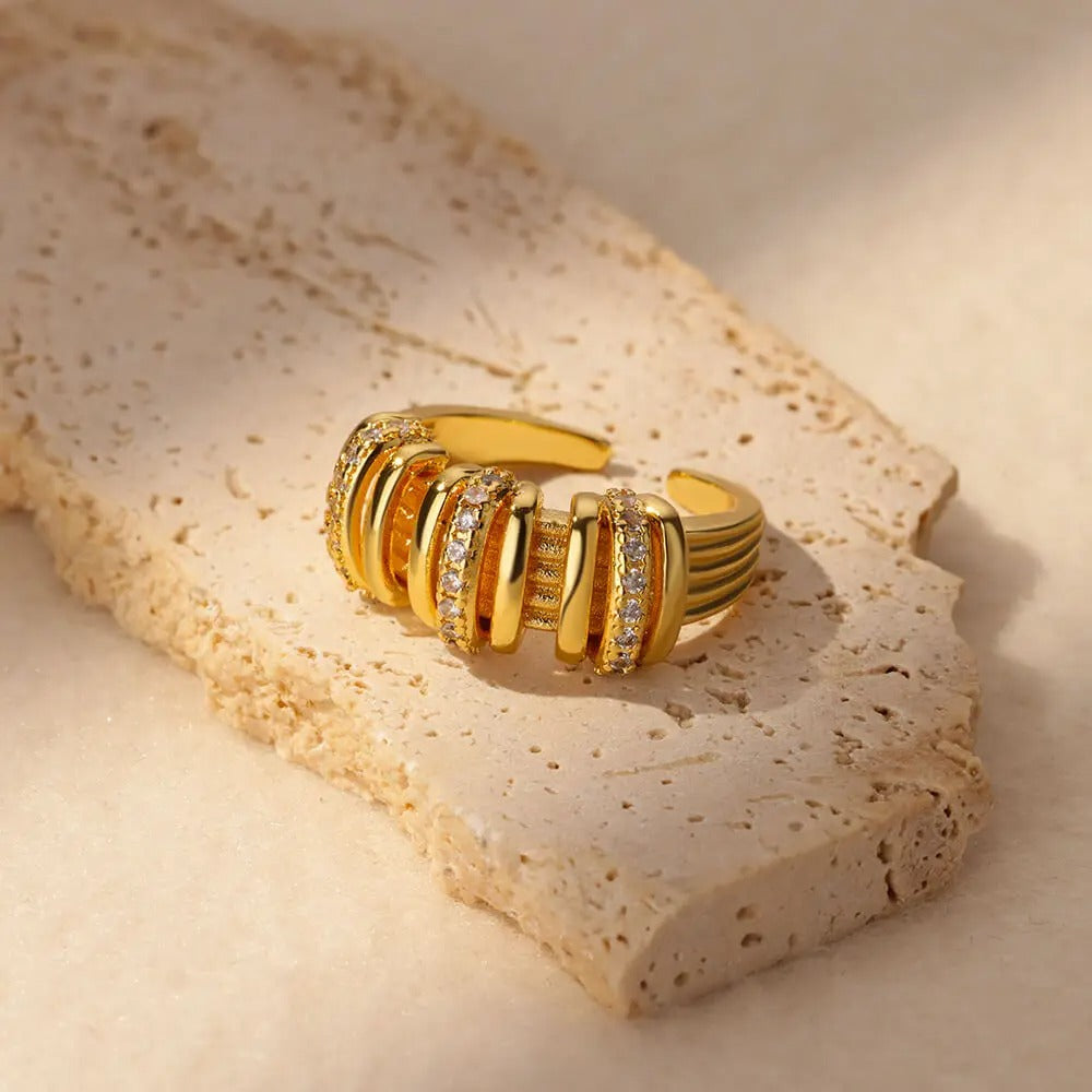 Chunky Gold Zircon Ring Stainless Steel Shiny Statement Jewelry for Women.