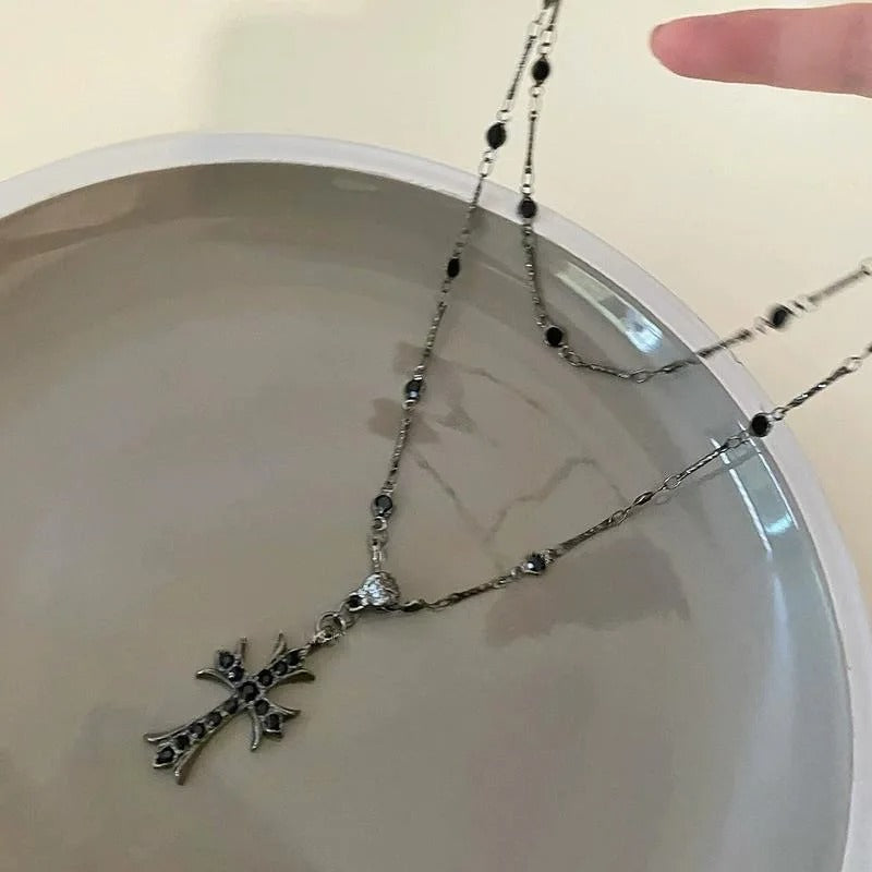 Summer Black Rhinestone Cross Jesus Pendant Choker Necklace for Women Punk Vintage Double Layers Chain 2025 Neck  Jewelry