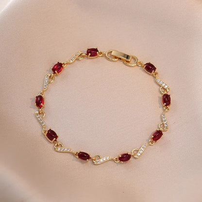 Bridal Red Stone Charm Bracelet Women Gold White Zircon Hand Chain
