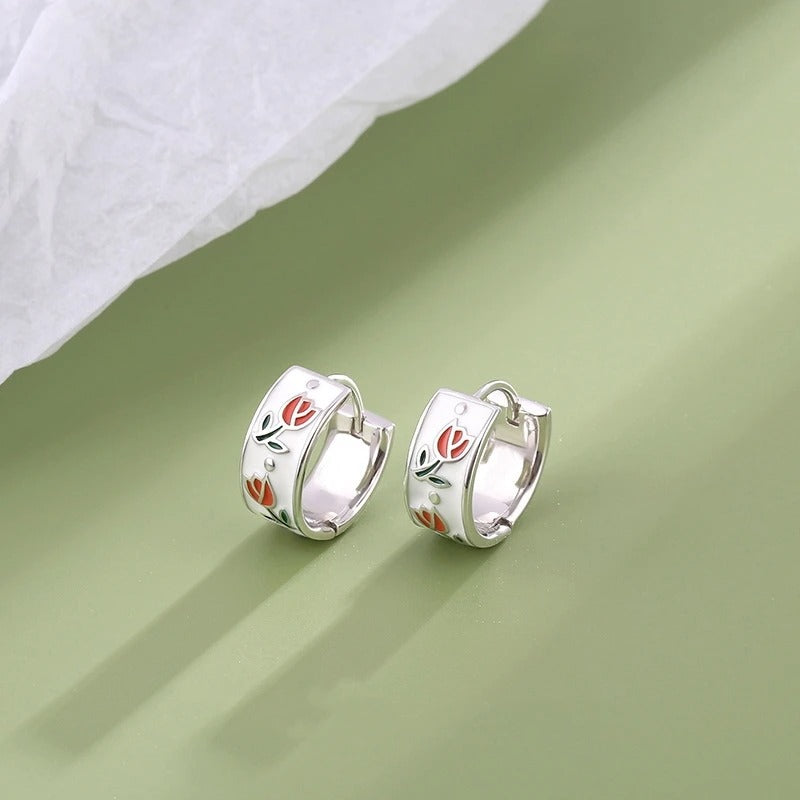 White Pink Enamel Tulip Floral Tea Cup Hoops Earrings for Women Spring Summer 14K Gold Plated Jewelry Fashion Accessories