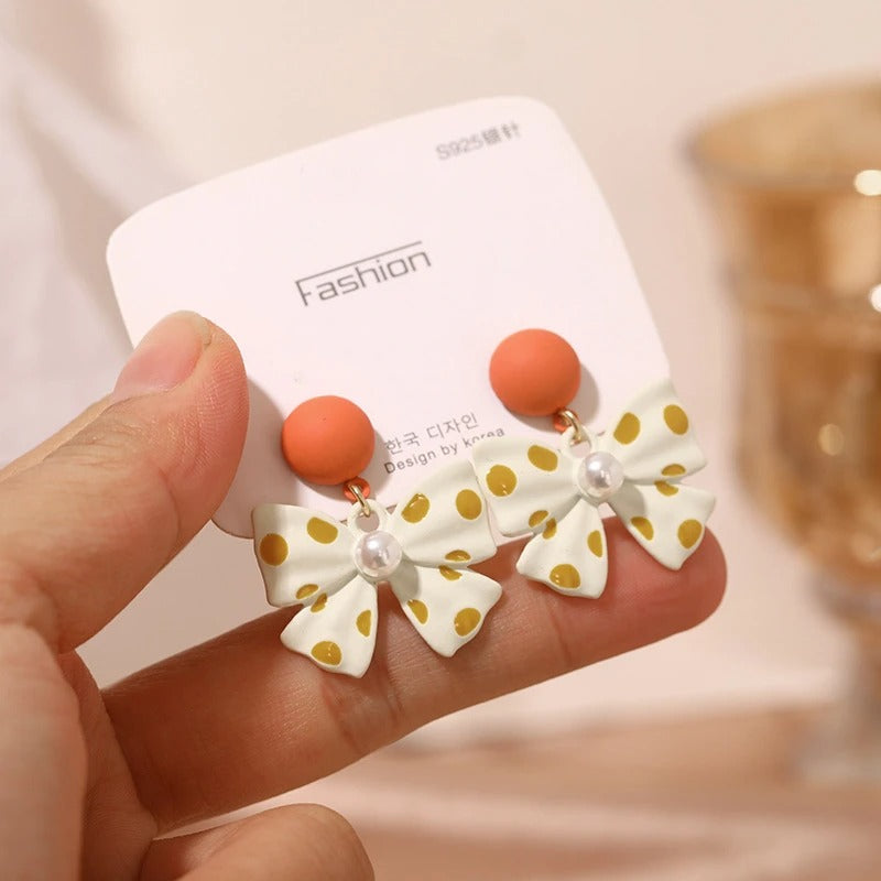 Korean Style Polka Dots Bowknot Dangle Earrings for Women Rhinestone Imitation Pearl Ear Weddings Party Jewelry Accessories