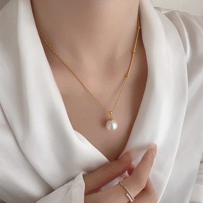 New Stainless steel Bead Chain Splicing Pearl Pendant Necklace For Womens sexy Collarbone Chain Fashion Accessories Jewelry