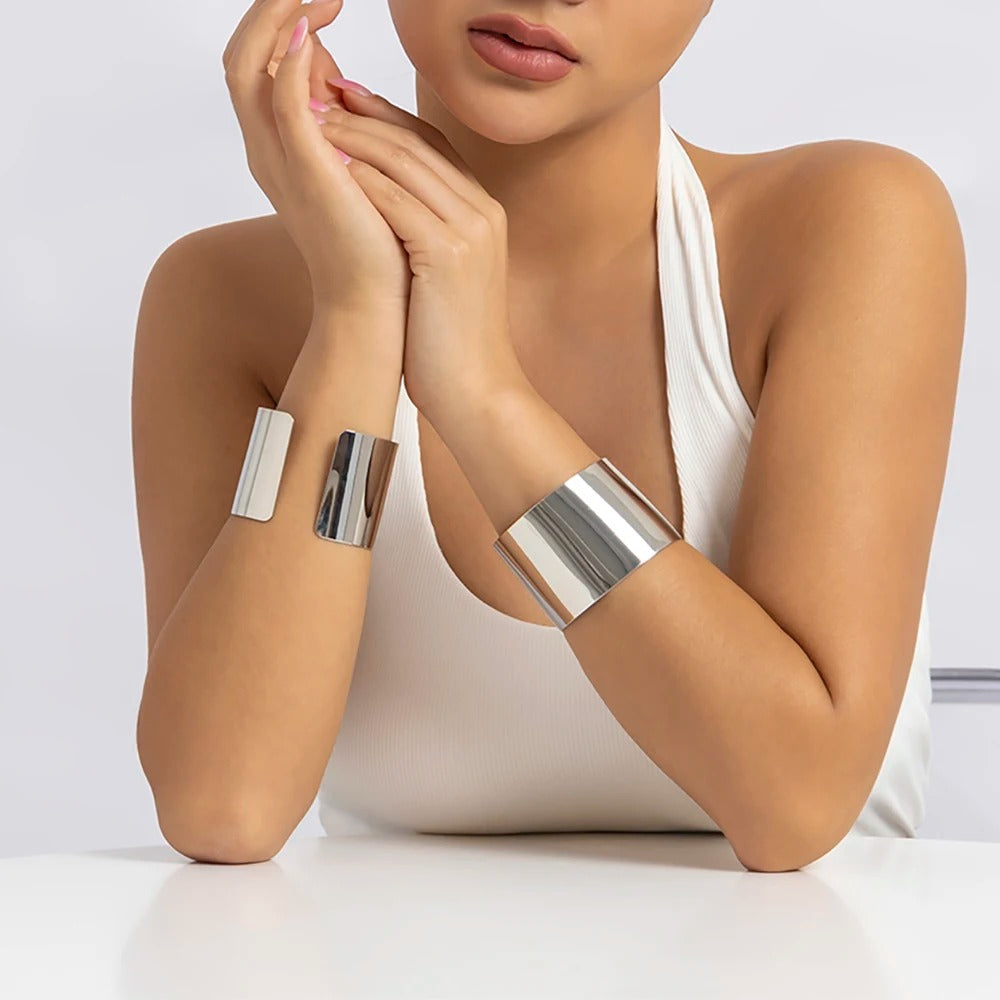 Gold Color Wide Cuff Bracelet for Women Simple Open Bangle